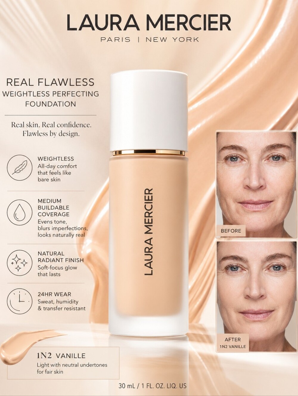 Laura Mercier Real Flawless Weightless Perfecting Foundation 1N2 Vanille 30 mL